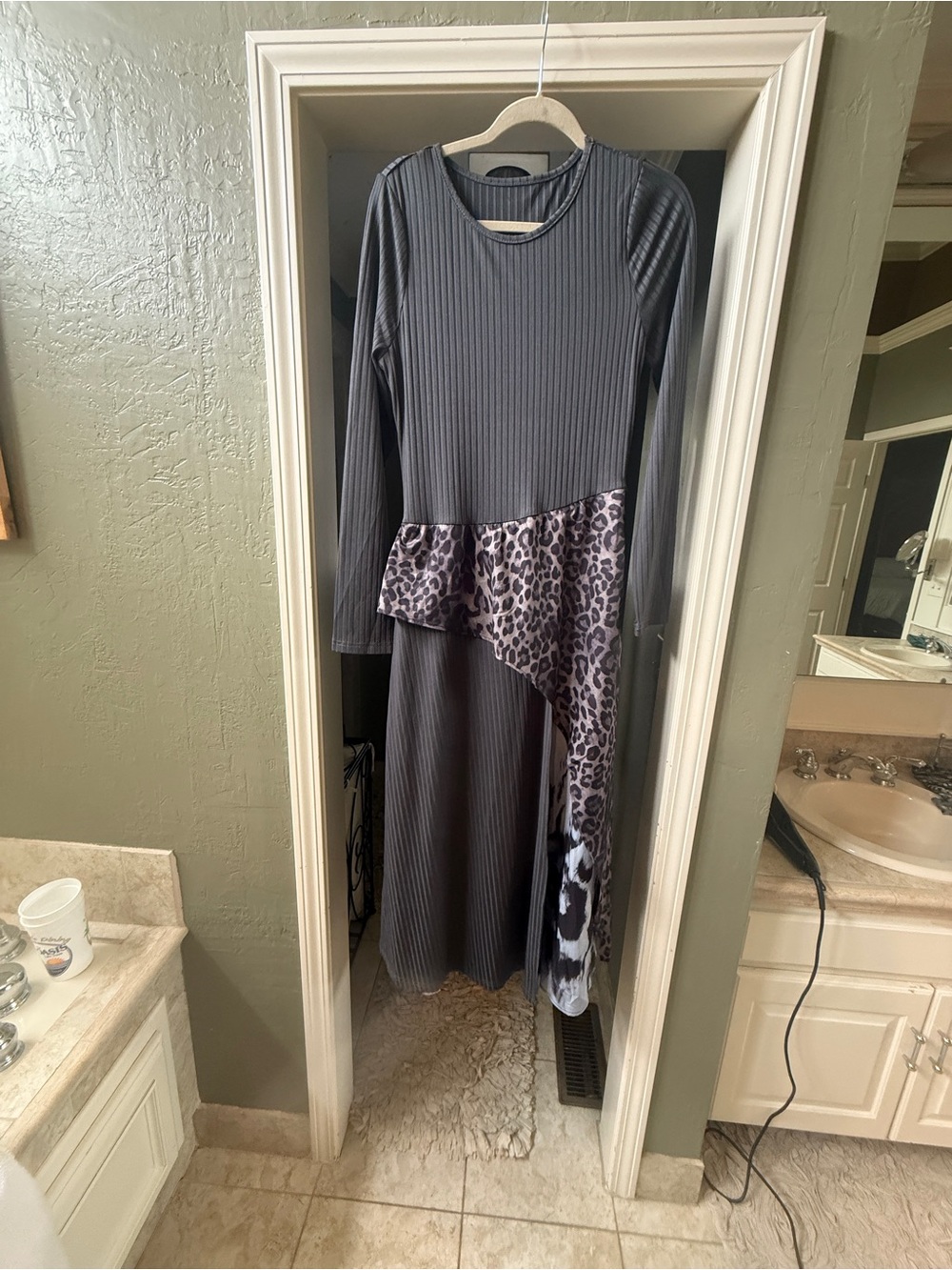 Ladies Gray Long Sleeve Dress with Leopard Peplum Detail
